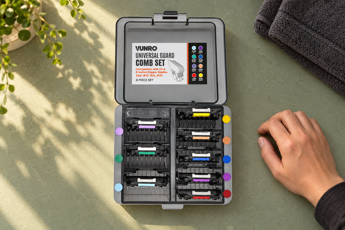 VUNRO Universal Guard Comb Set in its open case on a grooming worktop