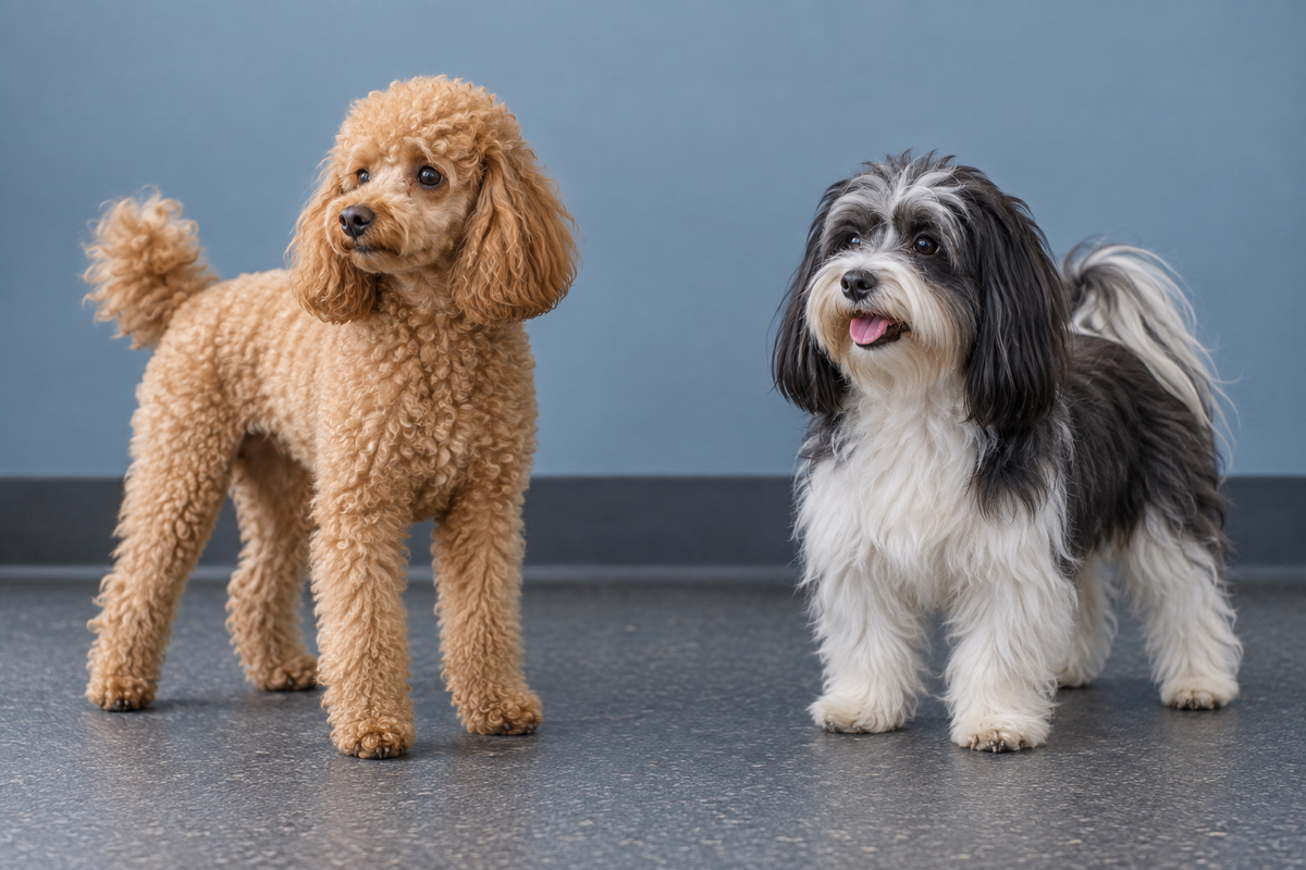 Curly-coated poodle and silky-coated Havanese showing different coat textures