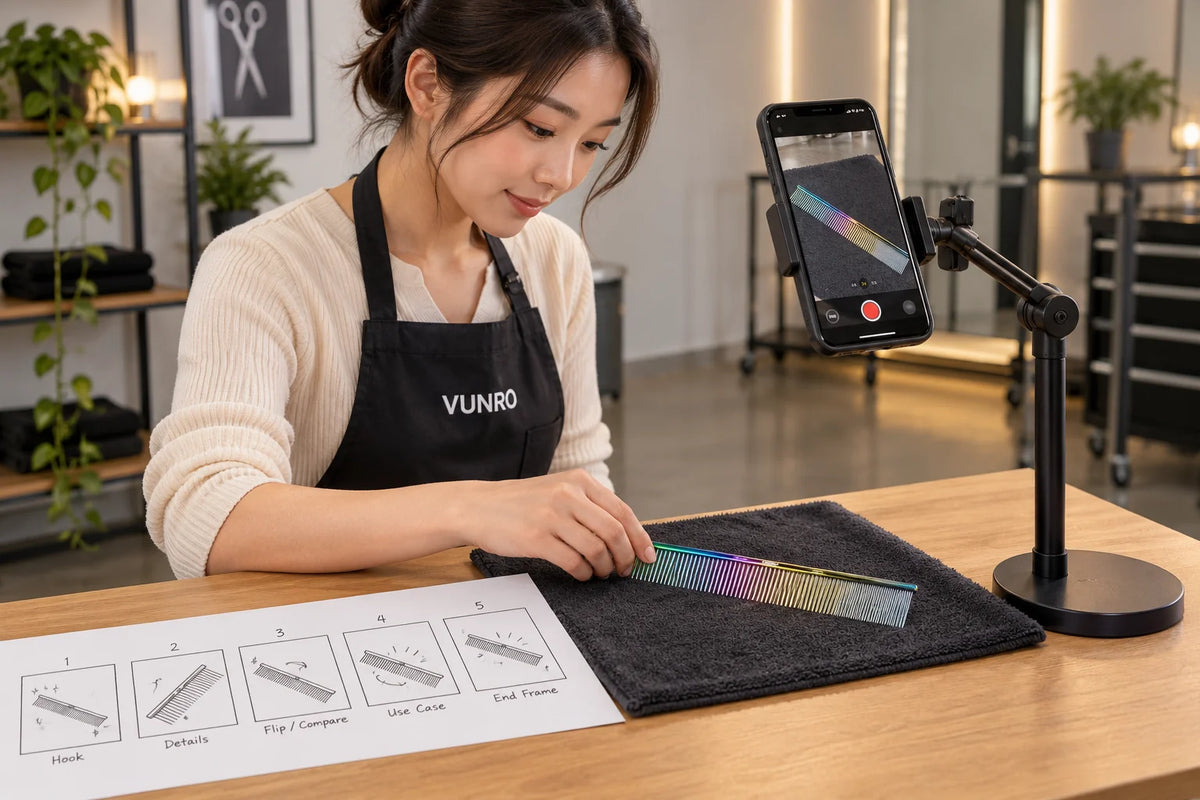 Illustrative creator arranging an authentic rainbow VUNRO comb for an upright phone and a shot plan.