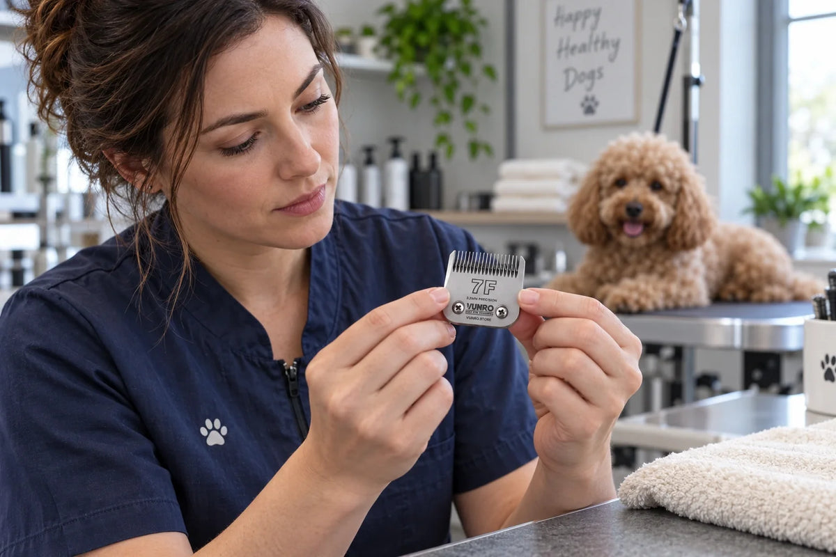 Groomer inspecting a small silver VUNRO 7F blade while a poodle rests nearby.