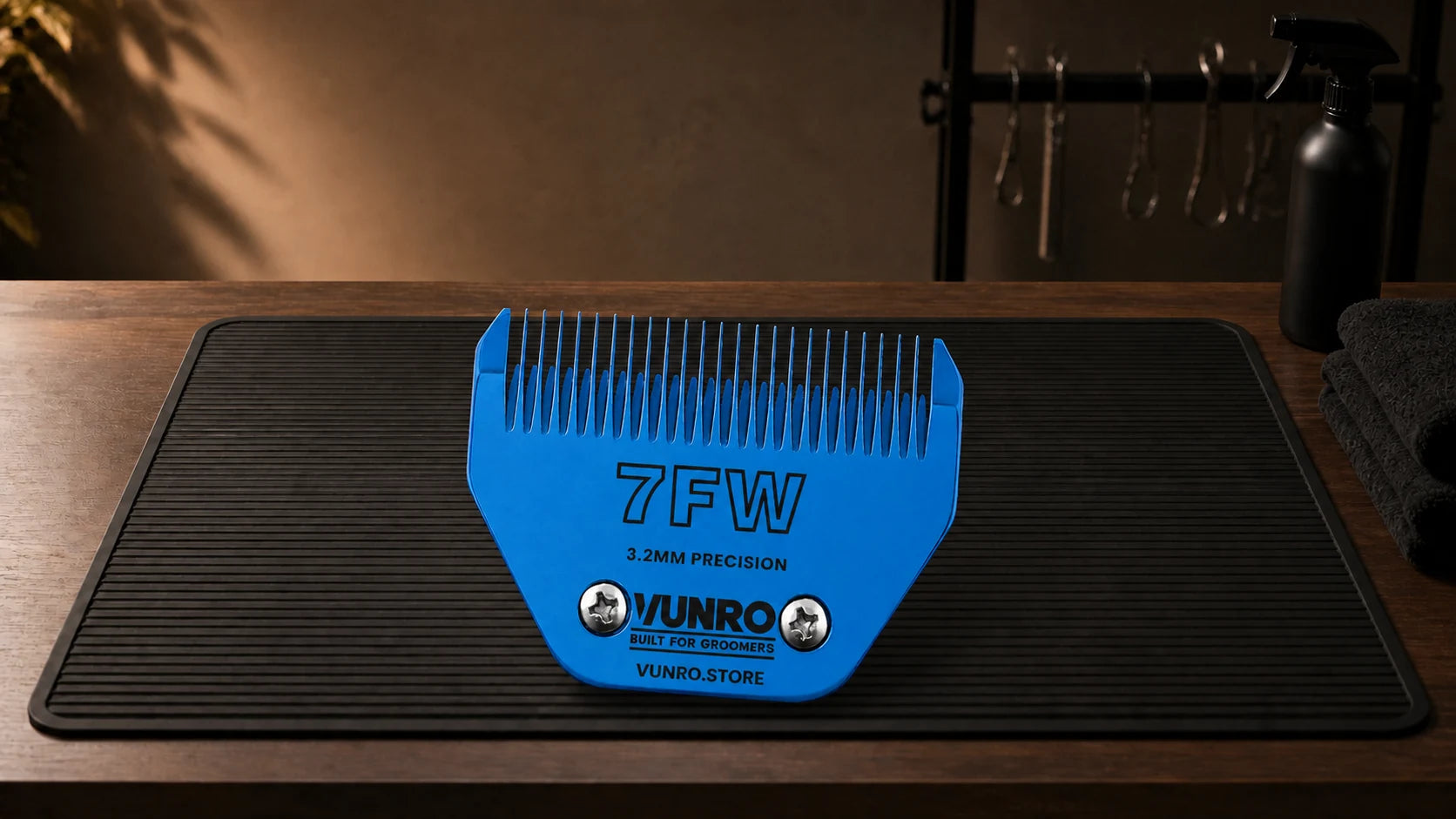 #7FW Wide Blue Steel Dog Clipper Blade (3.2 mm) resting naturally on the VUNRO grooming workbench